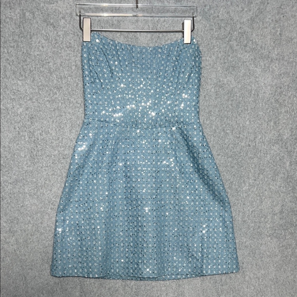 Susana Monaco Strapless Blue Denim Sequin Corset Mini Dress NWOT Size Small